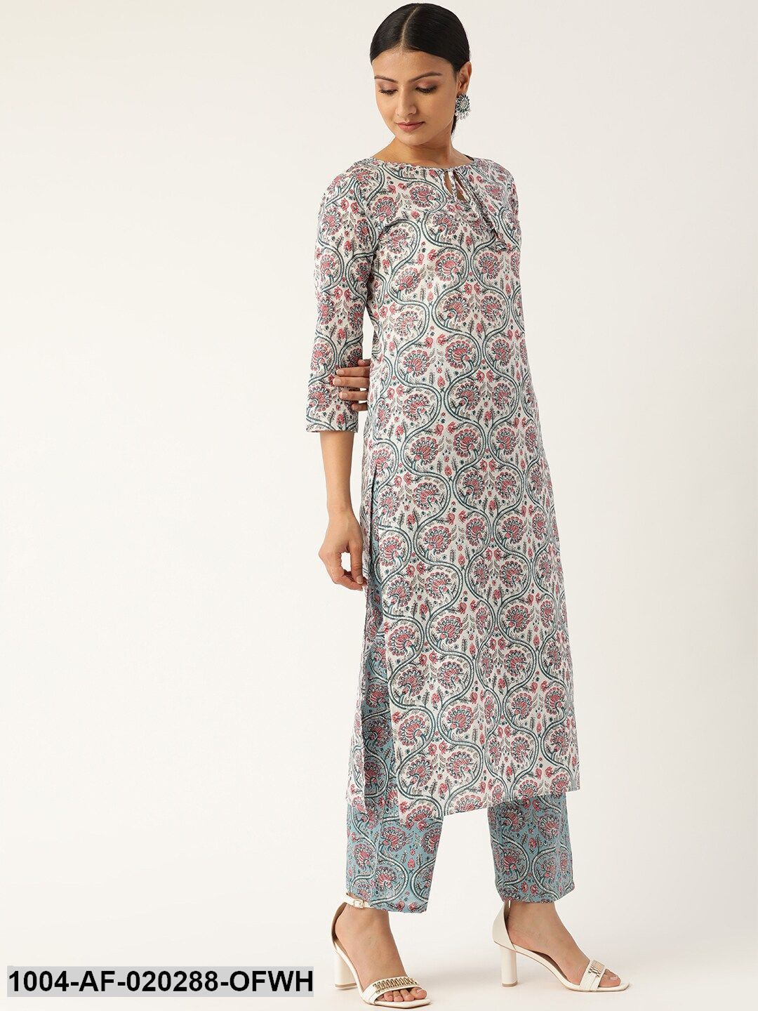 Off-White & Blue Printed Kurta with Palazzos & Dupatta