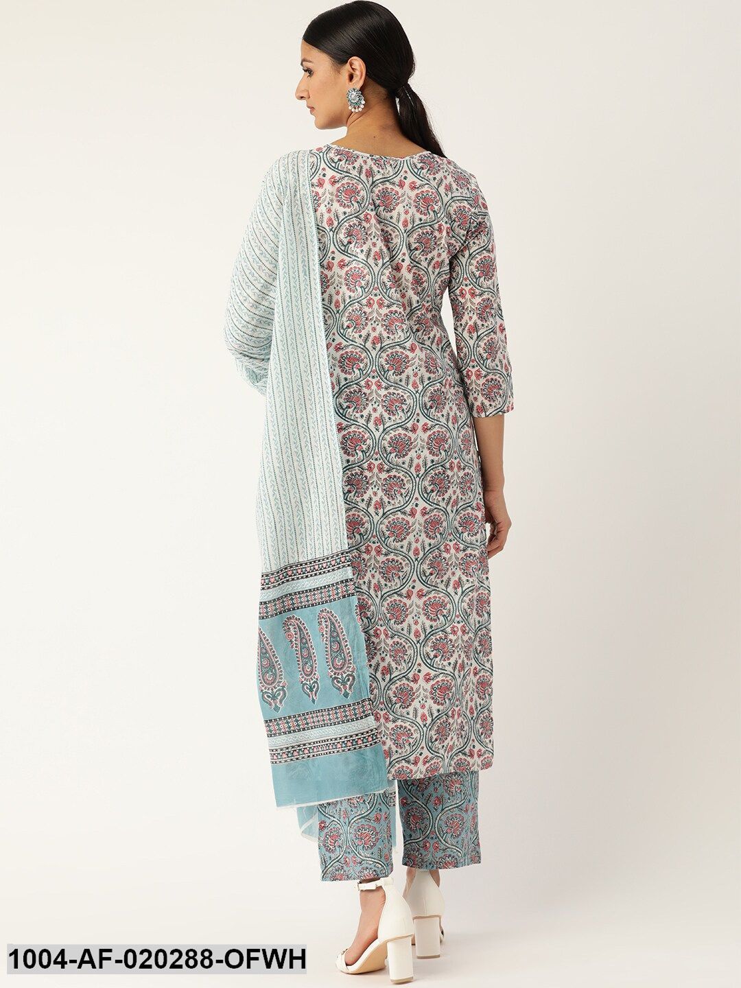 Off-White & Blue Printed Kurta with Palazzos & Dupatta