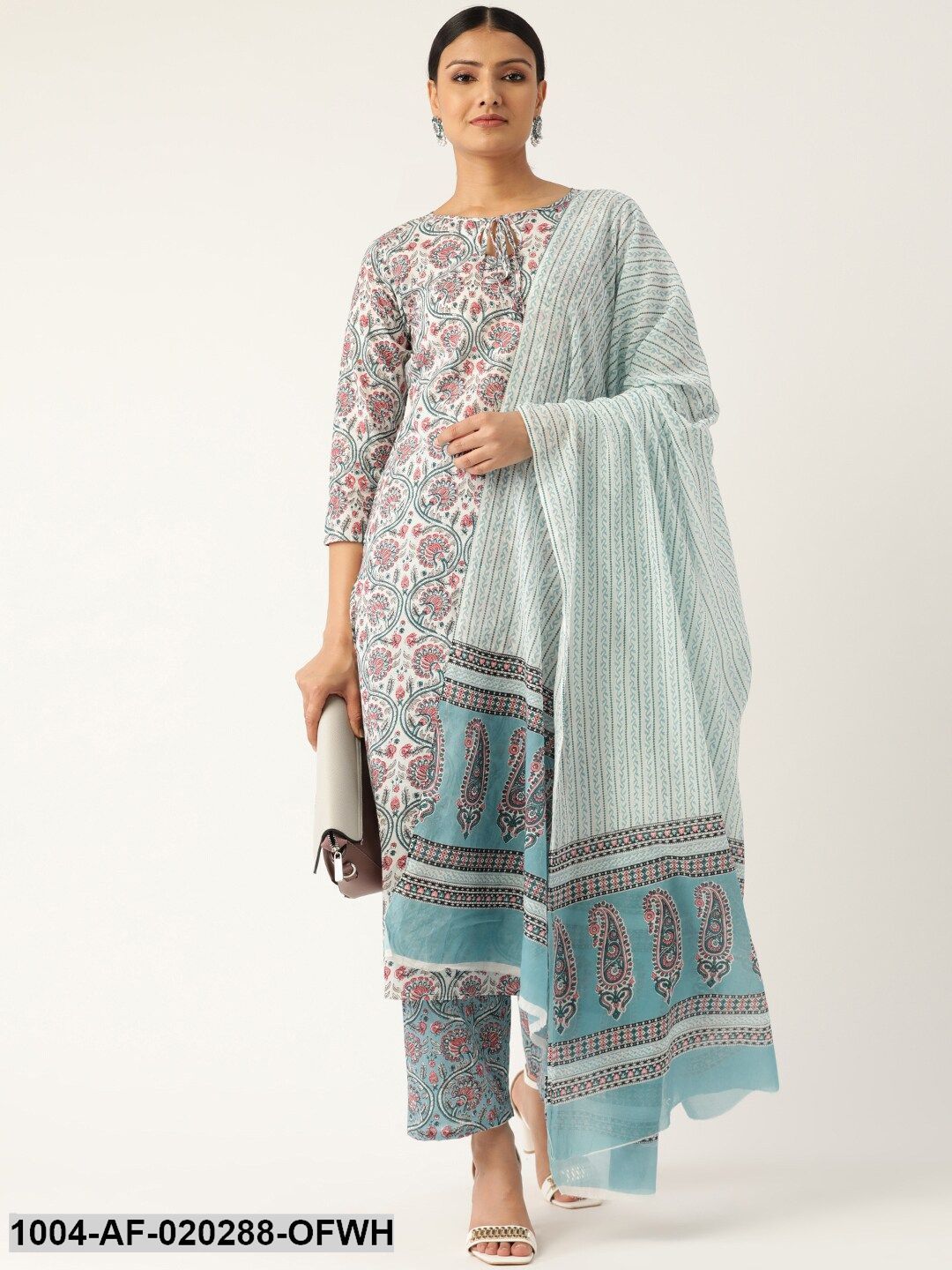 Off-White & Blue Printed Kurta with Palazzos & Dupatta