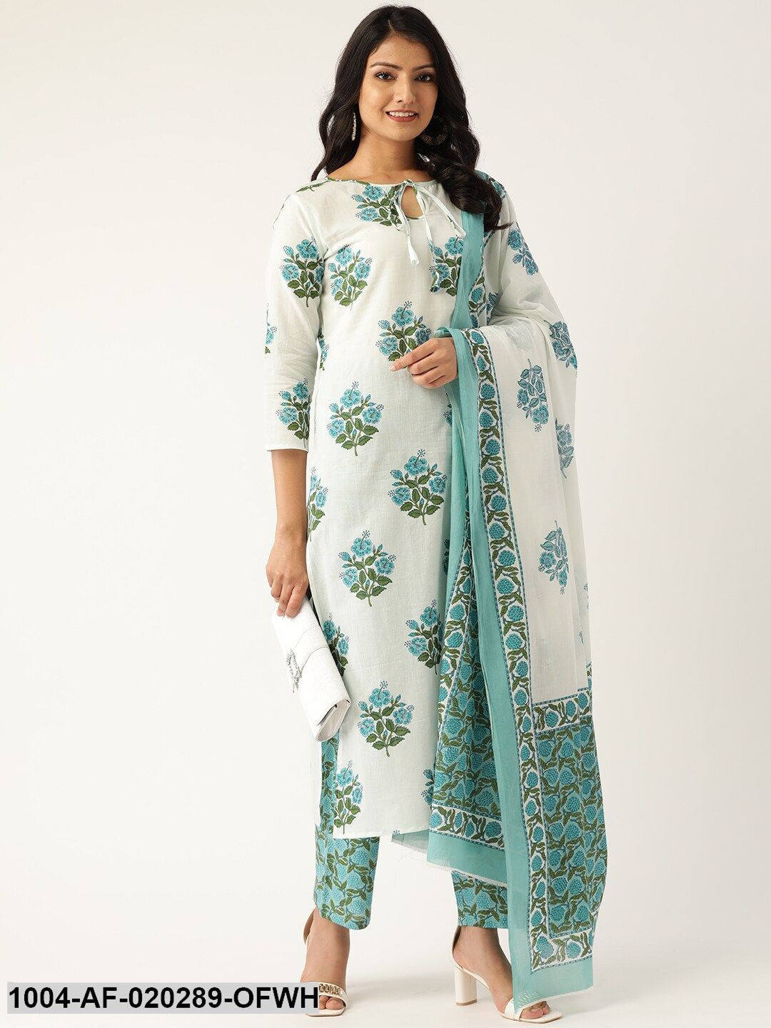 Off-White & Blue Printed Kurta with Palazzos & Dupatta