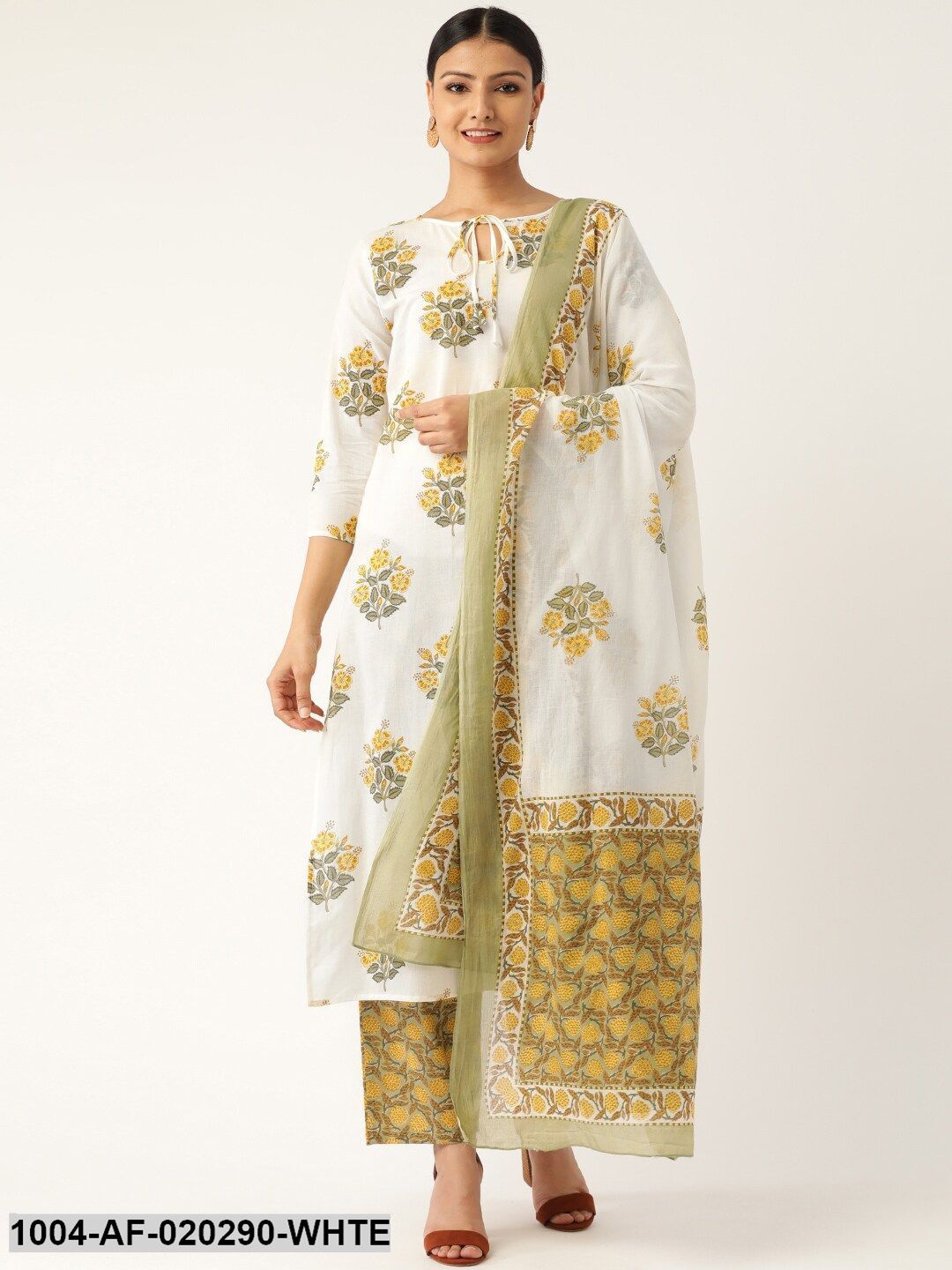 White & Olive Green Printed Kurta with Palazzos & Dupatta
