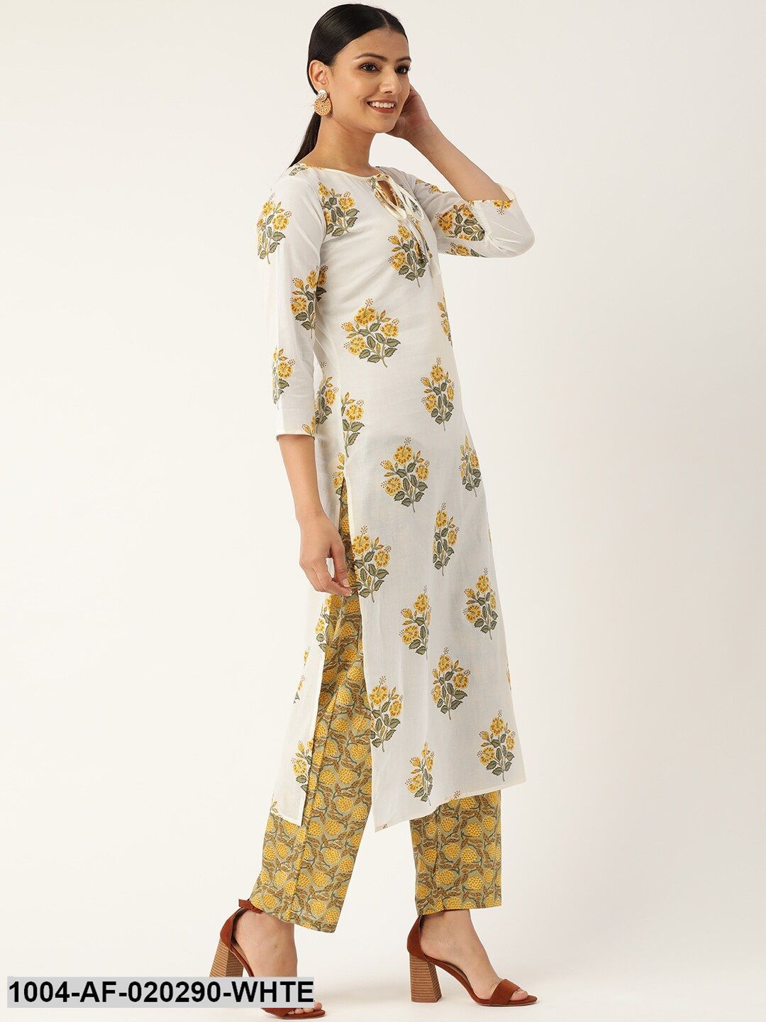 White & Olive Green Printed Kurta with Palazzos & Dupatta
