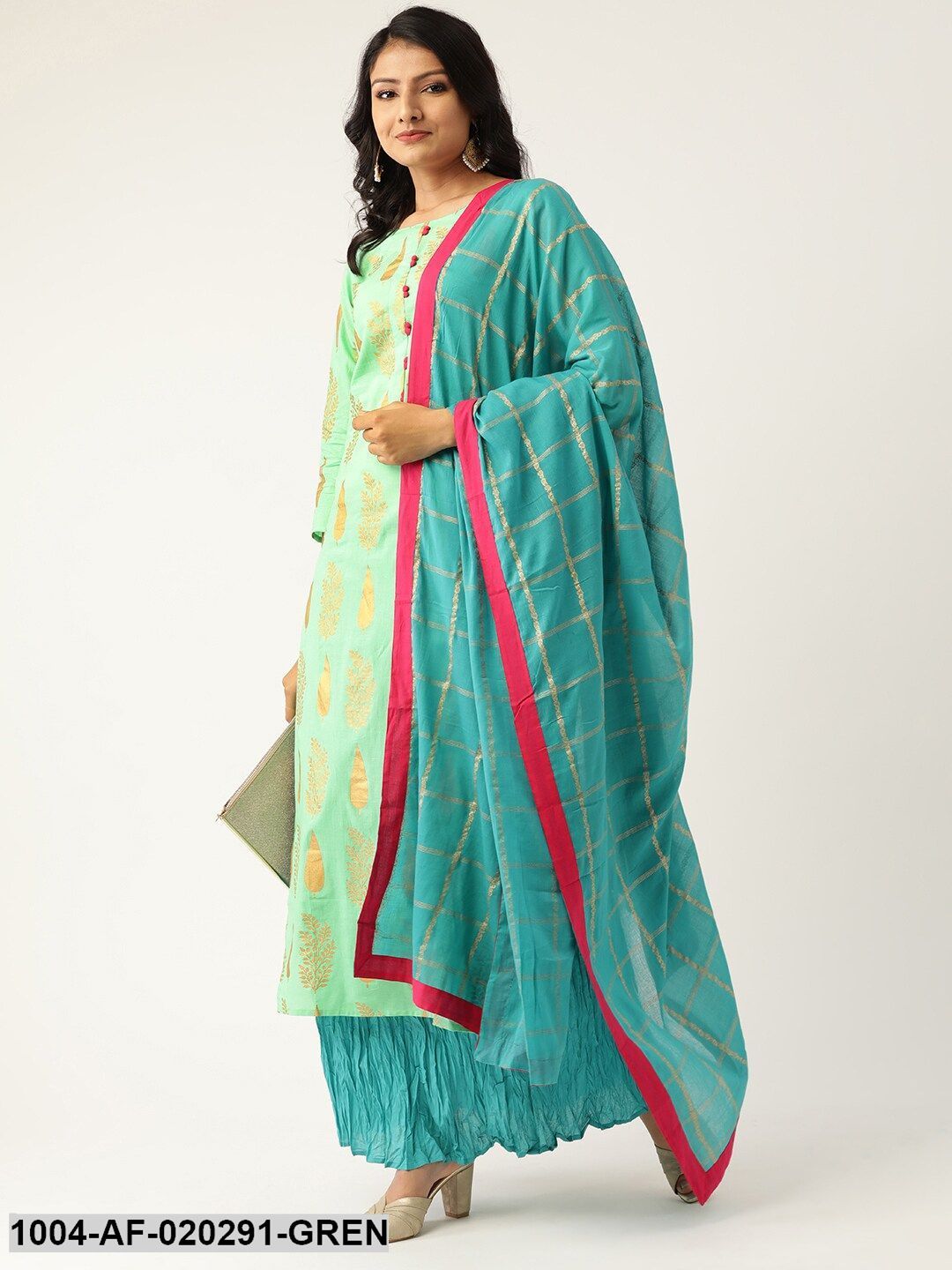 Green & Turquoise Blue Printed Kurta with Skirt & Dupatta