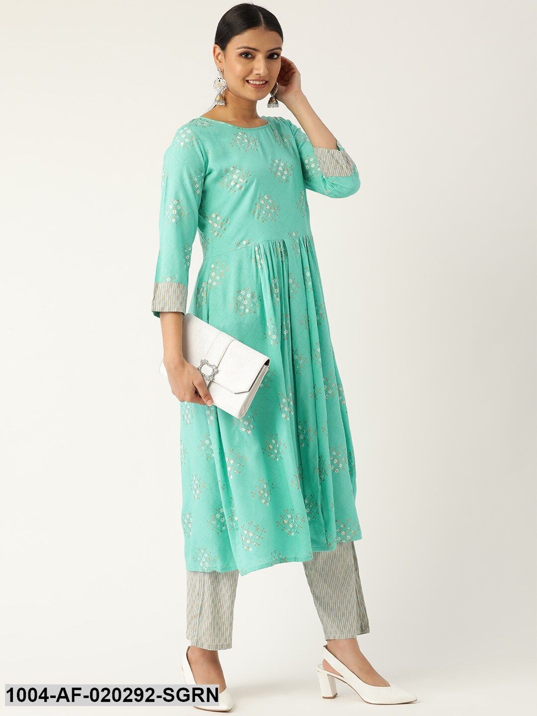 Sea Green & Grey Printed Kurta with Palazzos