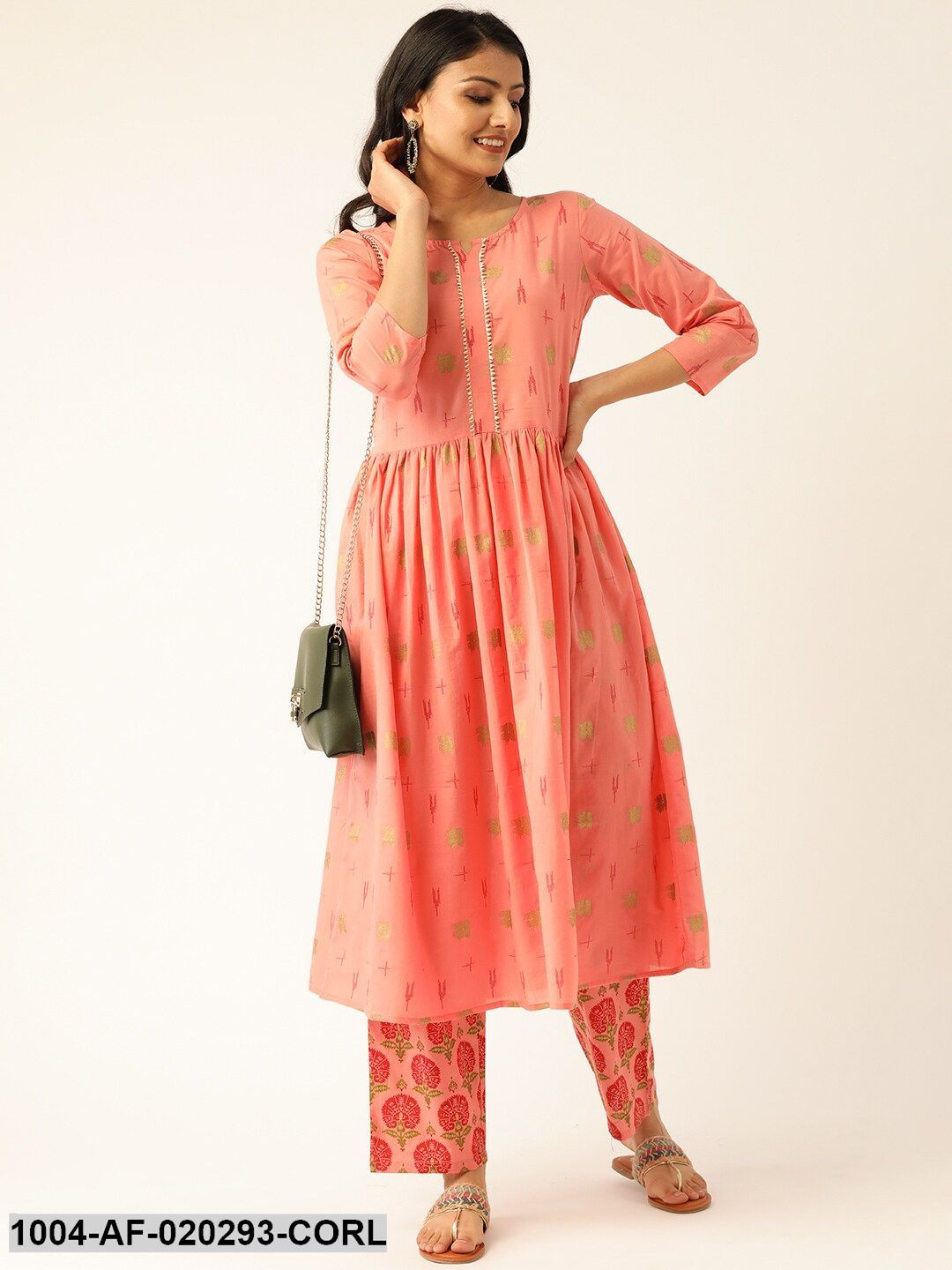 Coral Pink & Maroon Printed Kurta with Palazzos