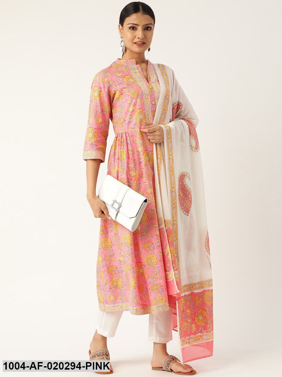 Pink & Off-White Printed Kurta with Trousers & Dupatta