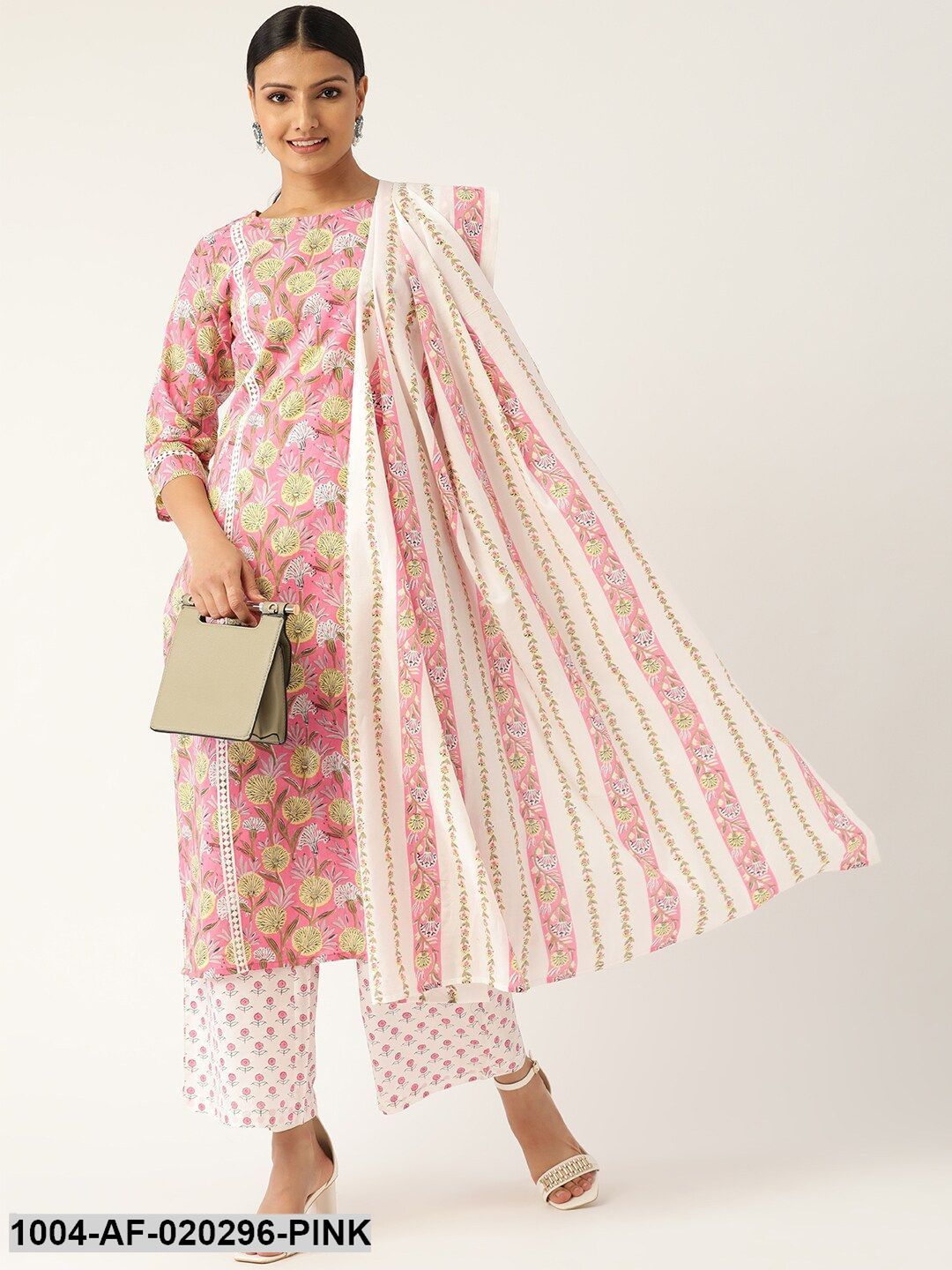 Pink & Off-White Printed Kurta with Palazzos & Dupatta