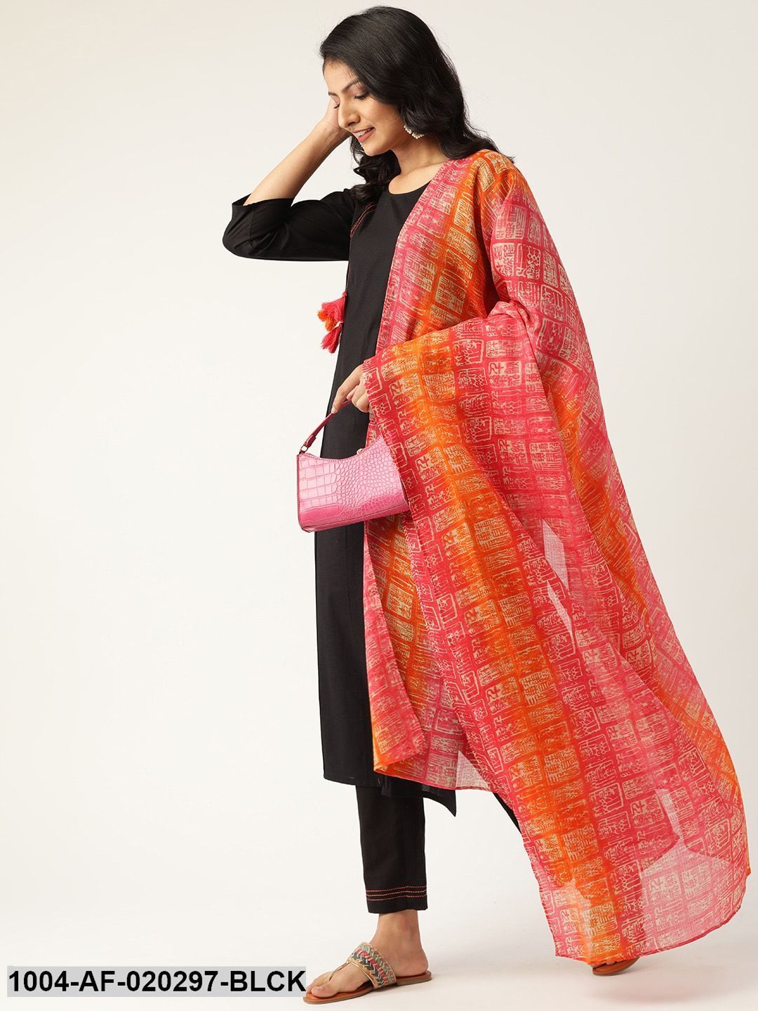 Black & Pink Solid Kurta with Trousers & Dupatta