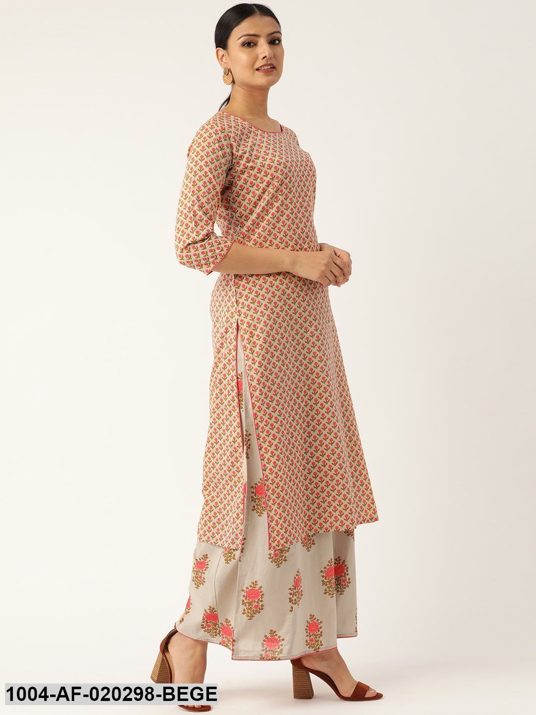Beige & Pink Printed Kurta with Palazzos