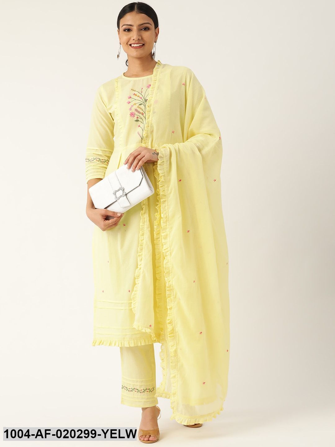 Yellow & Pink Embroidered Kurta with Palazzos & Dupatta