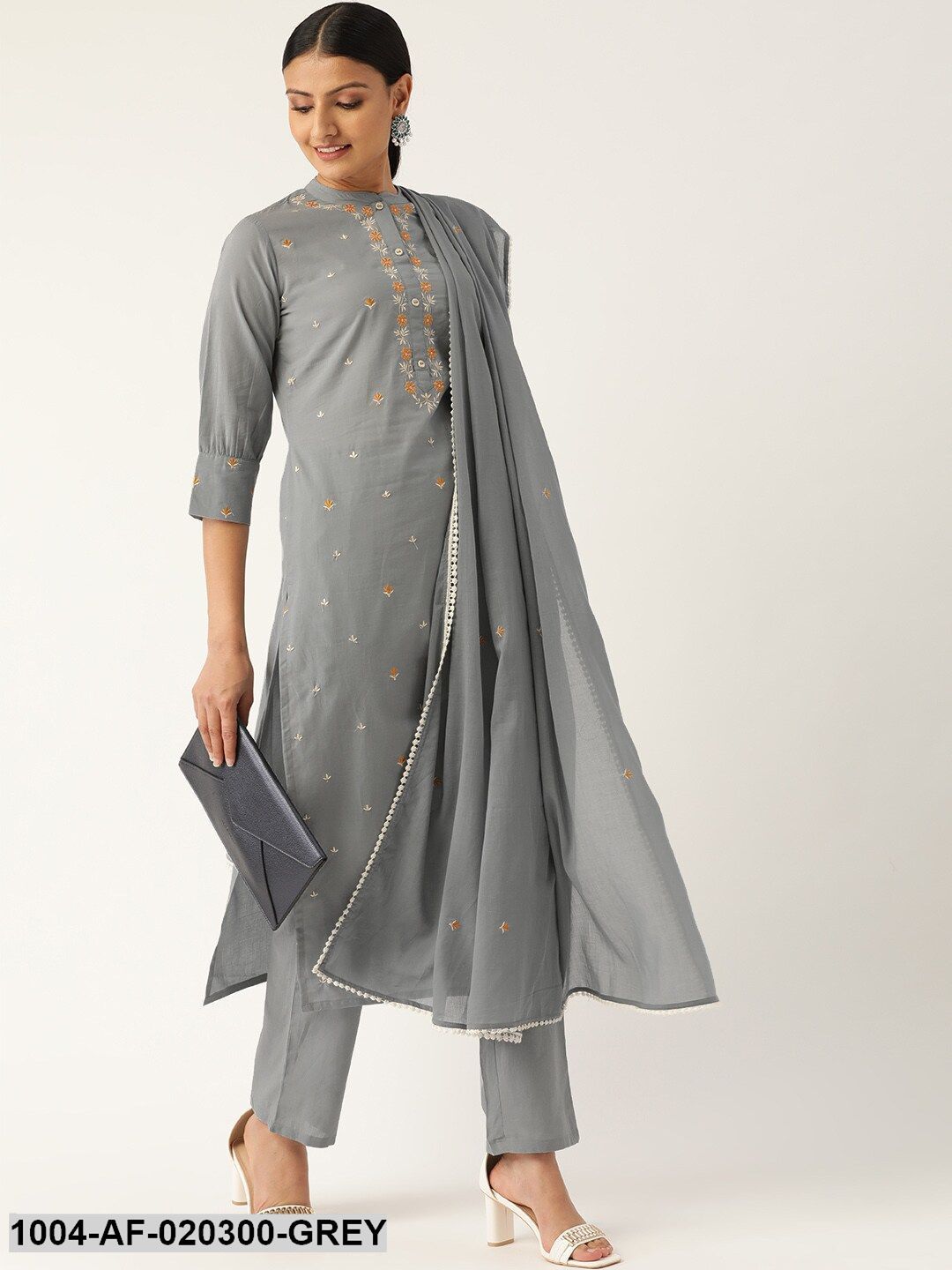 Grey & Orange Embroidered Kurta with Trousers & Dupatta