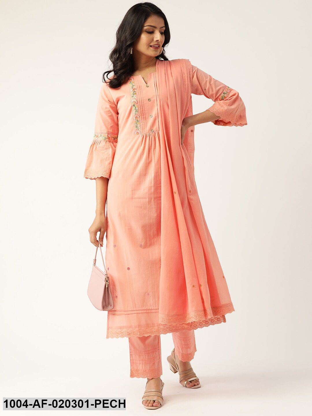 Peach-Coloured Embroidered Kurta with Palazzos & Dupatta