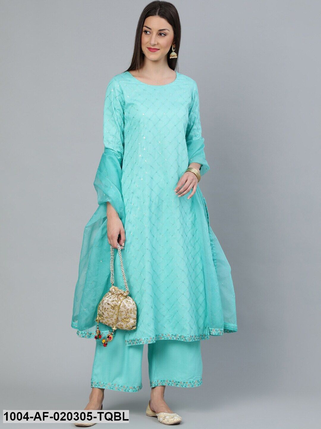 Turquiose Blue Sequin Embesllished Kurta With Palazo & Organza Dupatta