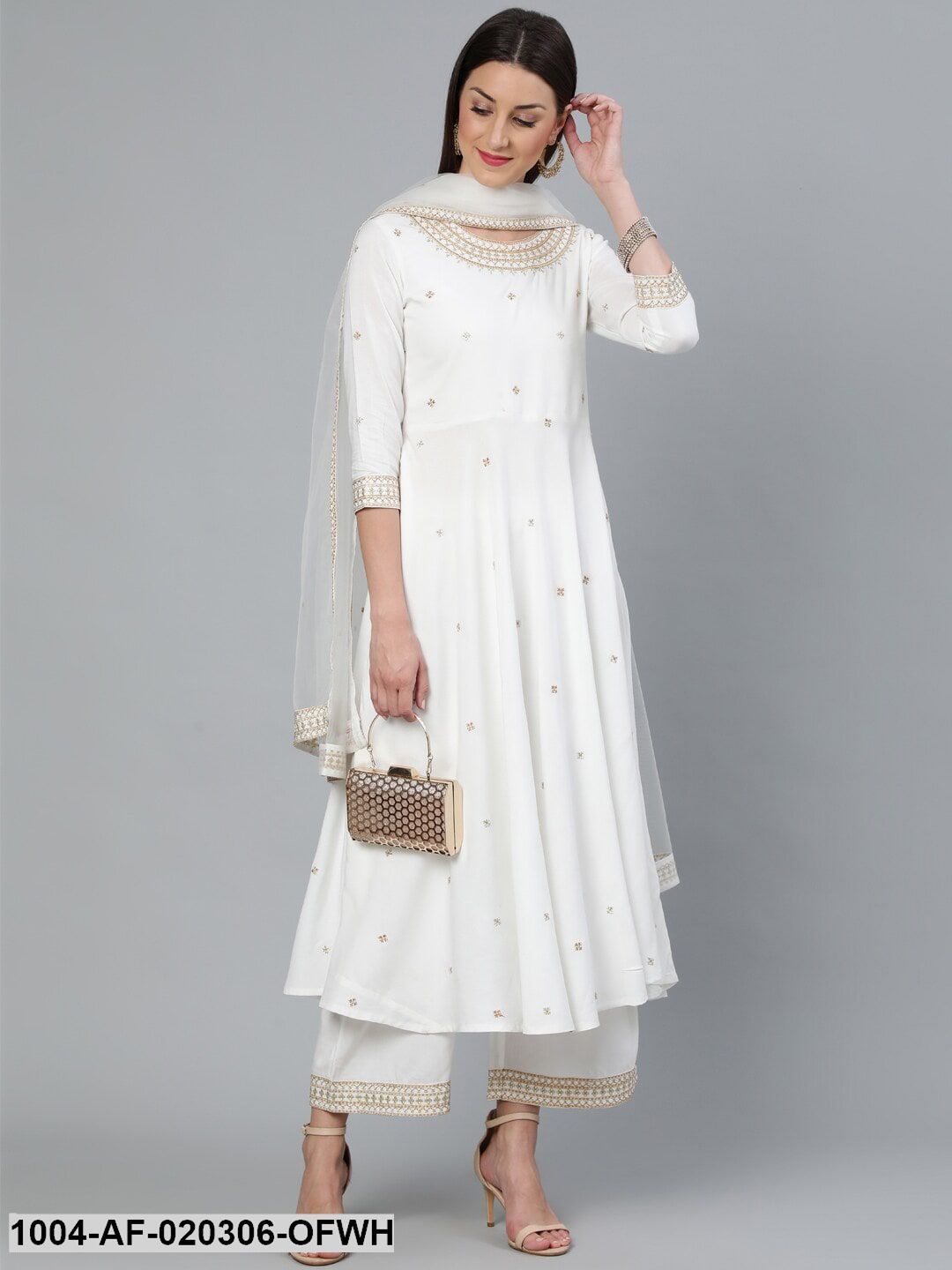 Off-White Embroidered Flared Kurta Plazzo With Net Dupatta