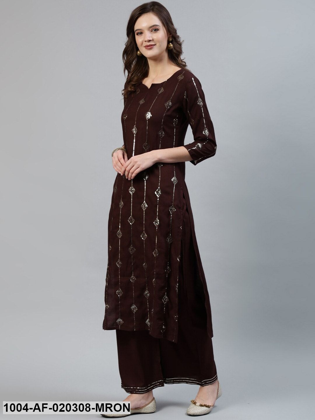 Brown Sequin Embellished Kurta With Palazzo & Net Dupatta