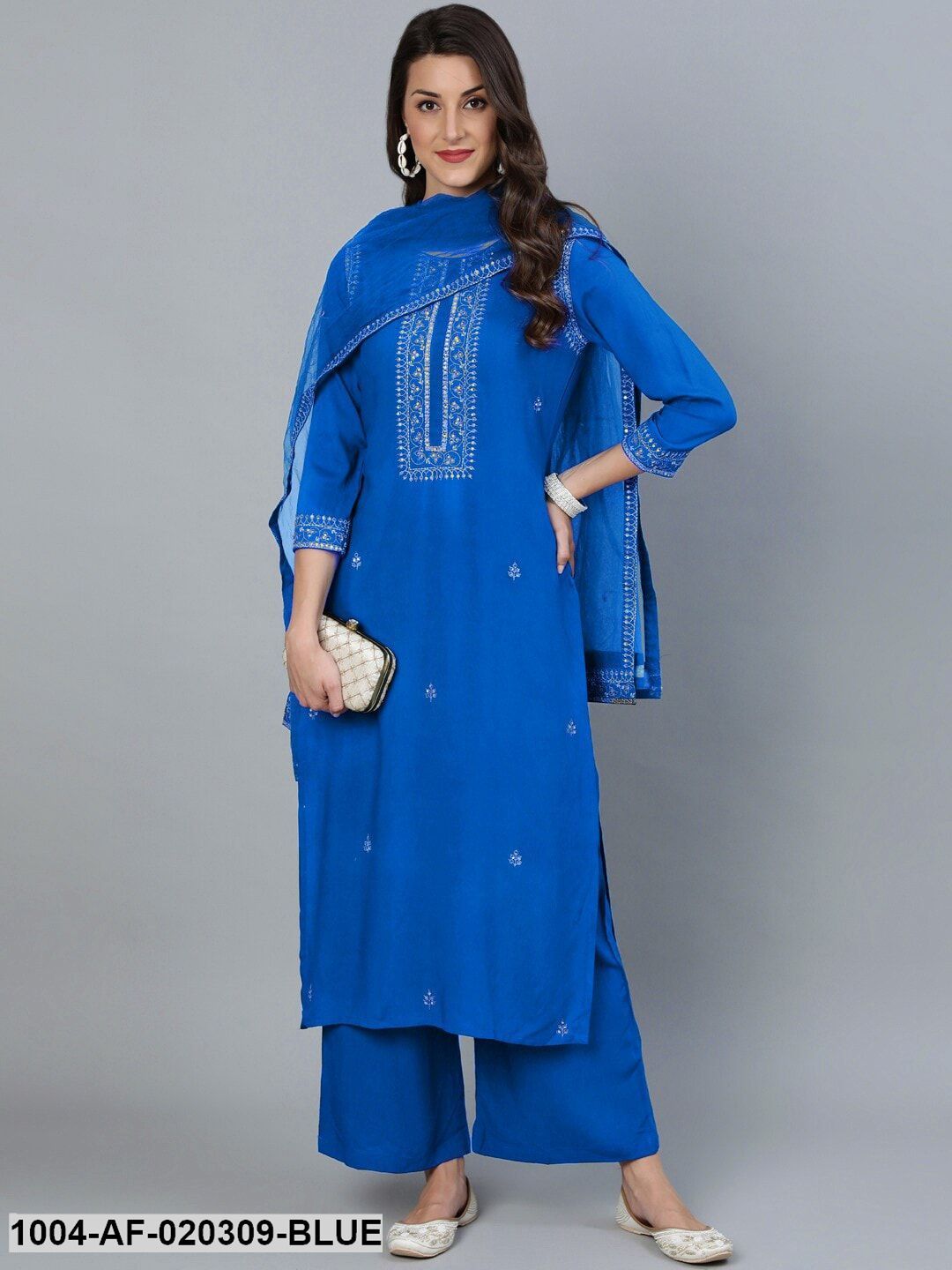 Blue Floral Embroidered Panelled A-Line Keyhole Neck Kurti & Sharara With