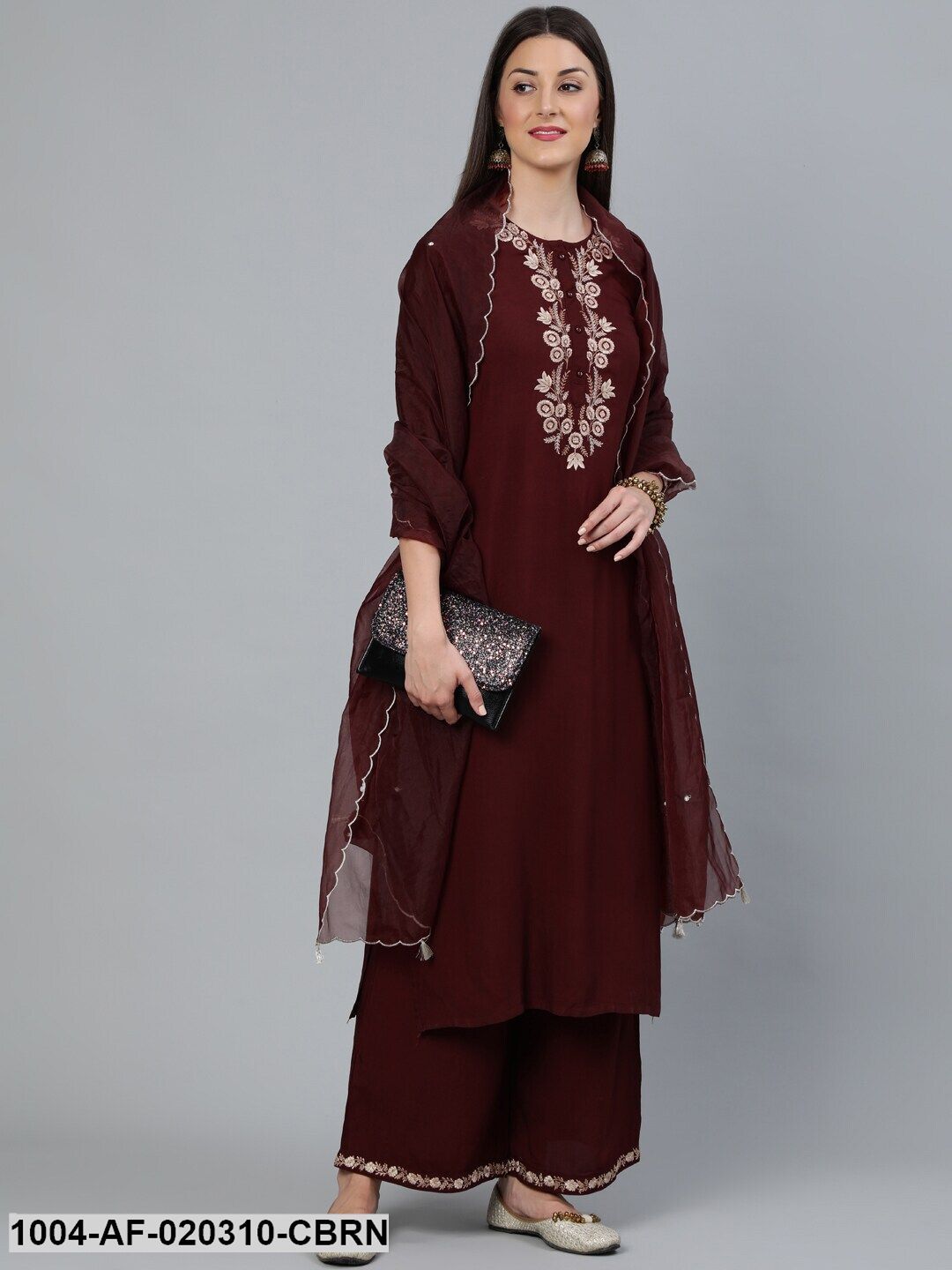 Coffee Brown Embroidered Straight Kurta Plazzo & Scalloped Dupatta