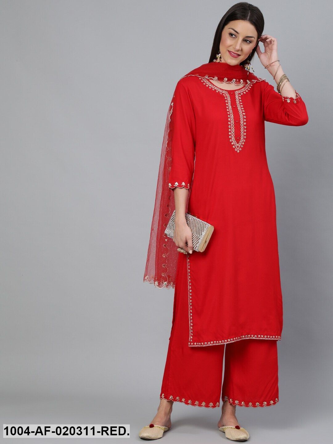 Red Embroidered Straight Kurta Plazzo & Scalloped Dupatta