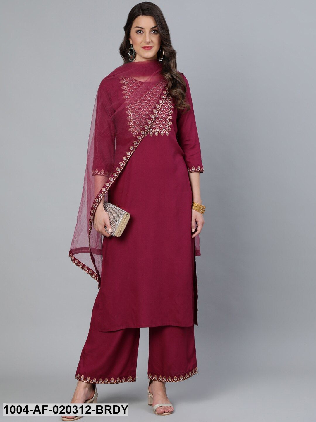 Burgundy Embroidered Straight Kurta Palazo & Net Dupatta