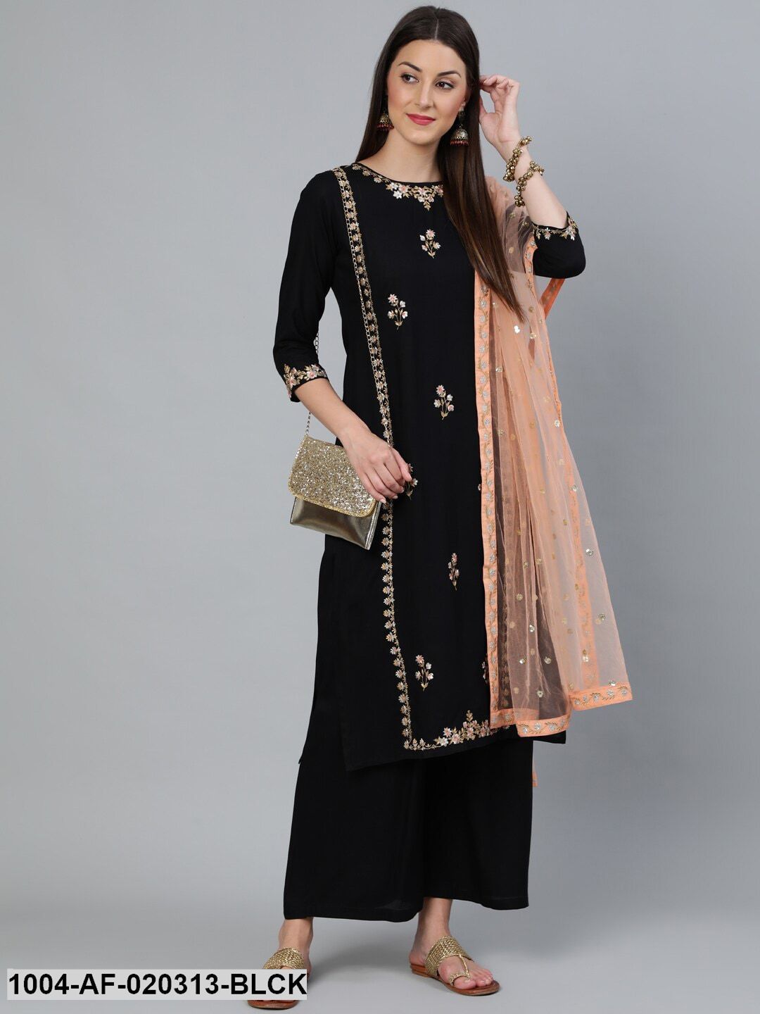 Black Embroidered Straight Kurta Plazzo & Organza Dupatta