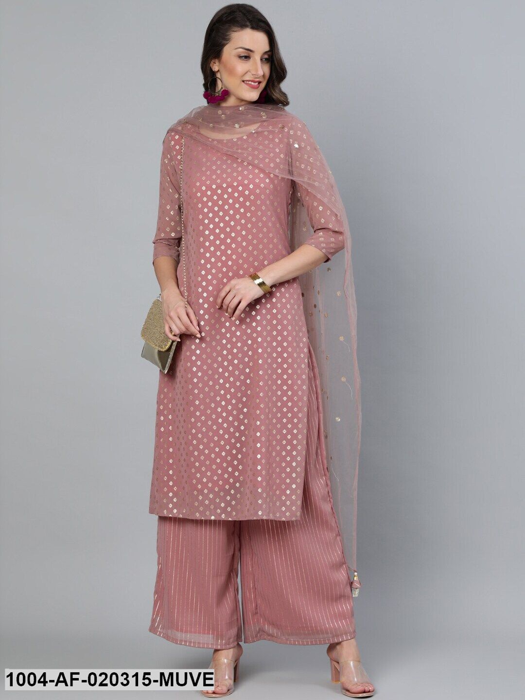 Mauve Printed Straight Kurta Plazzo & Sequence Net Dupatta