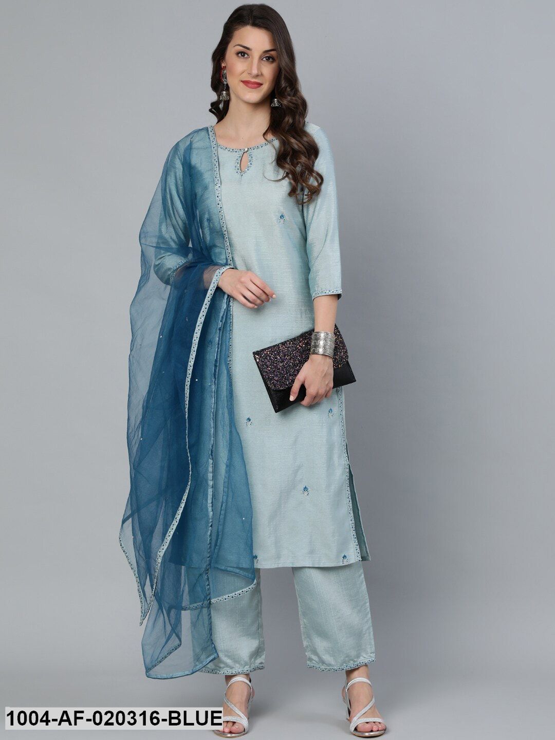 Blue Embroideres Straight Kurta Plazzo & Net Dupatta