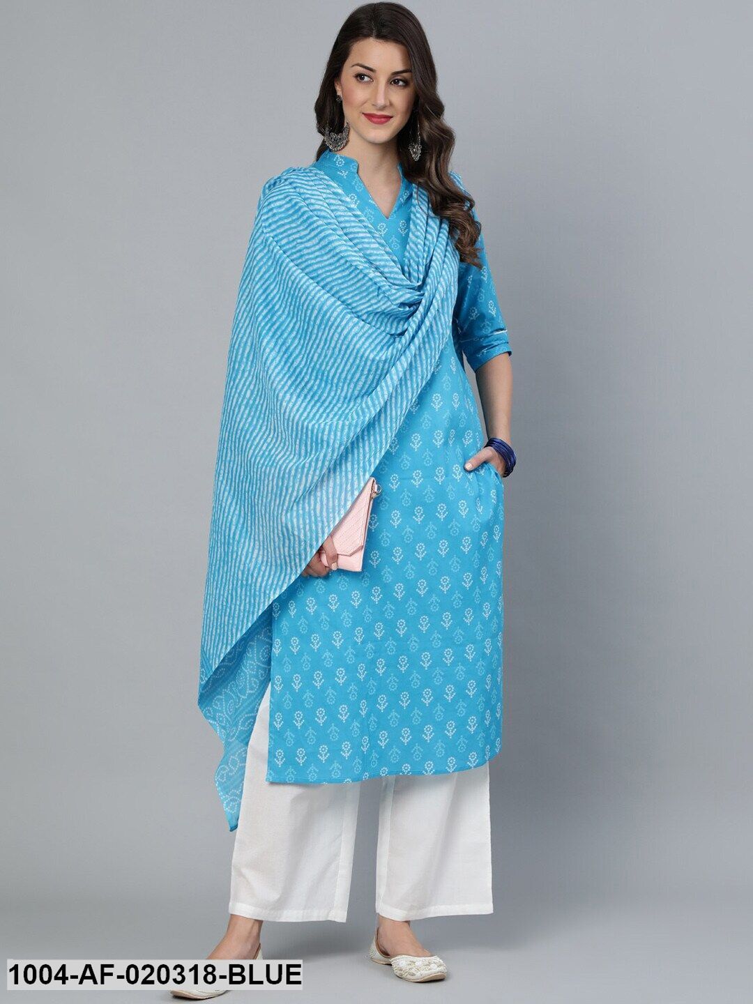 Blue & White Printed Straight Mandarin Collar Pure Cotton Kurta Set