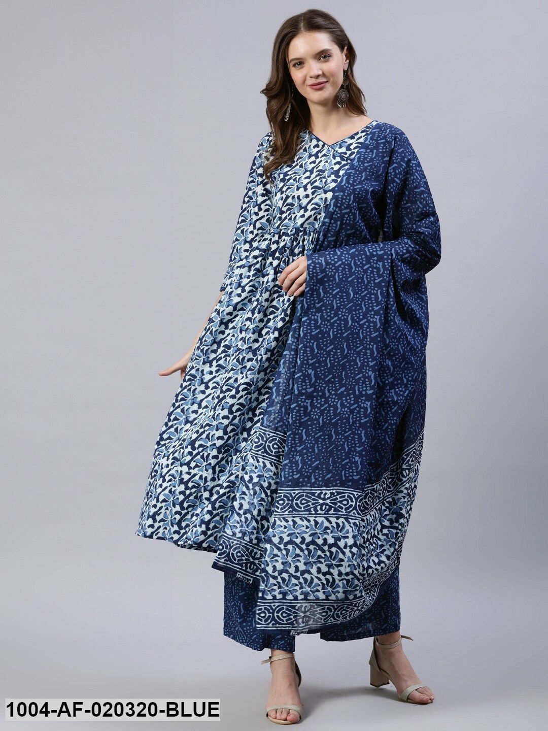 Blue & Off-White Screen Print Angrakha A-Line Cotton Kurta Set With Dupatta
