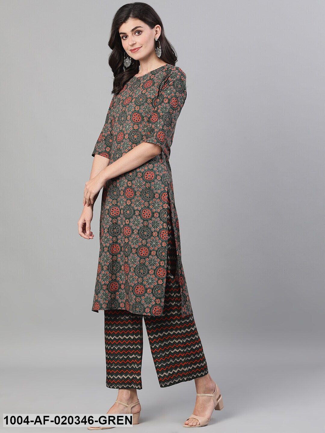 Green Red Printed Kurta with Palazzos