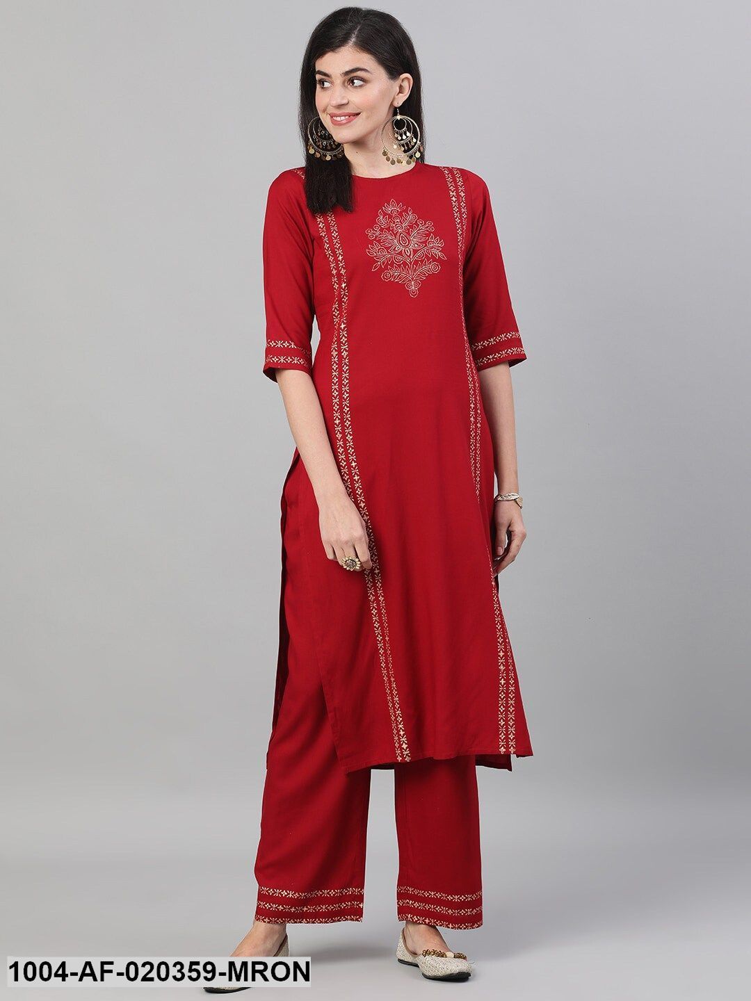 Maroon & Gold-Toned Printed Kurta with Palazzos