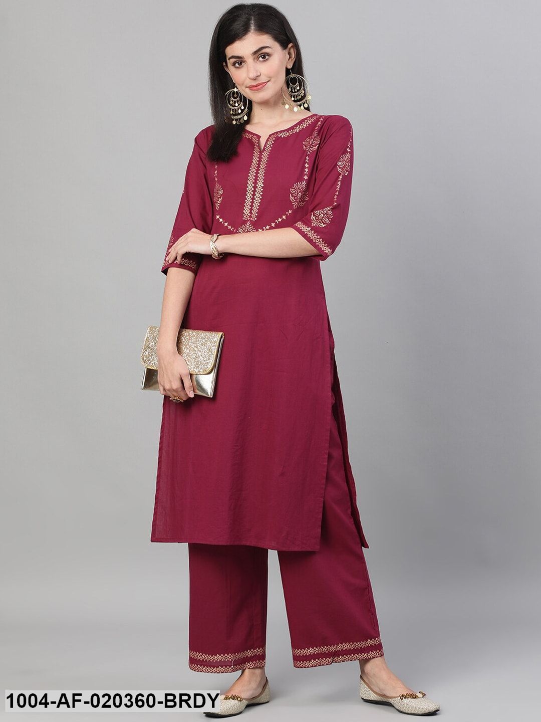 Burgundy & Gold-Toned Printed Kurta with Trousers