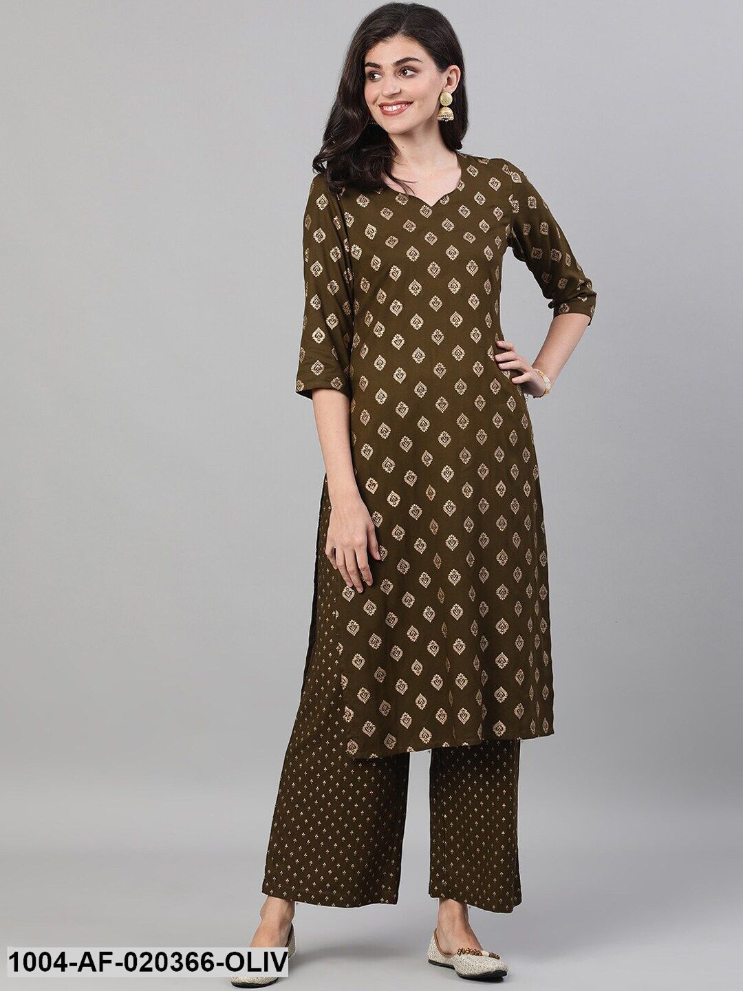 Olive Green Gold-Toned Printed Kurta with Palazzos