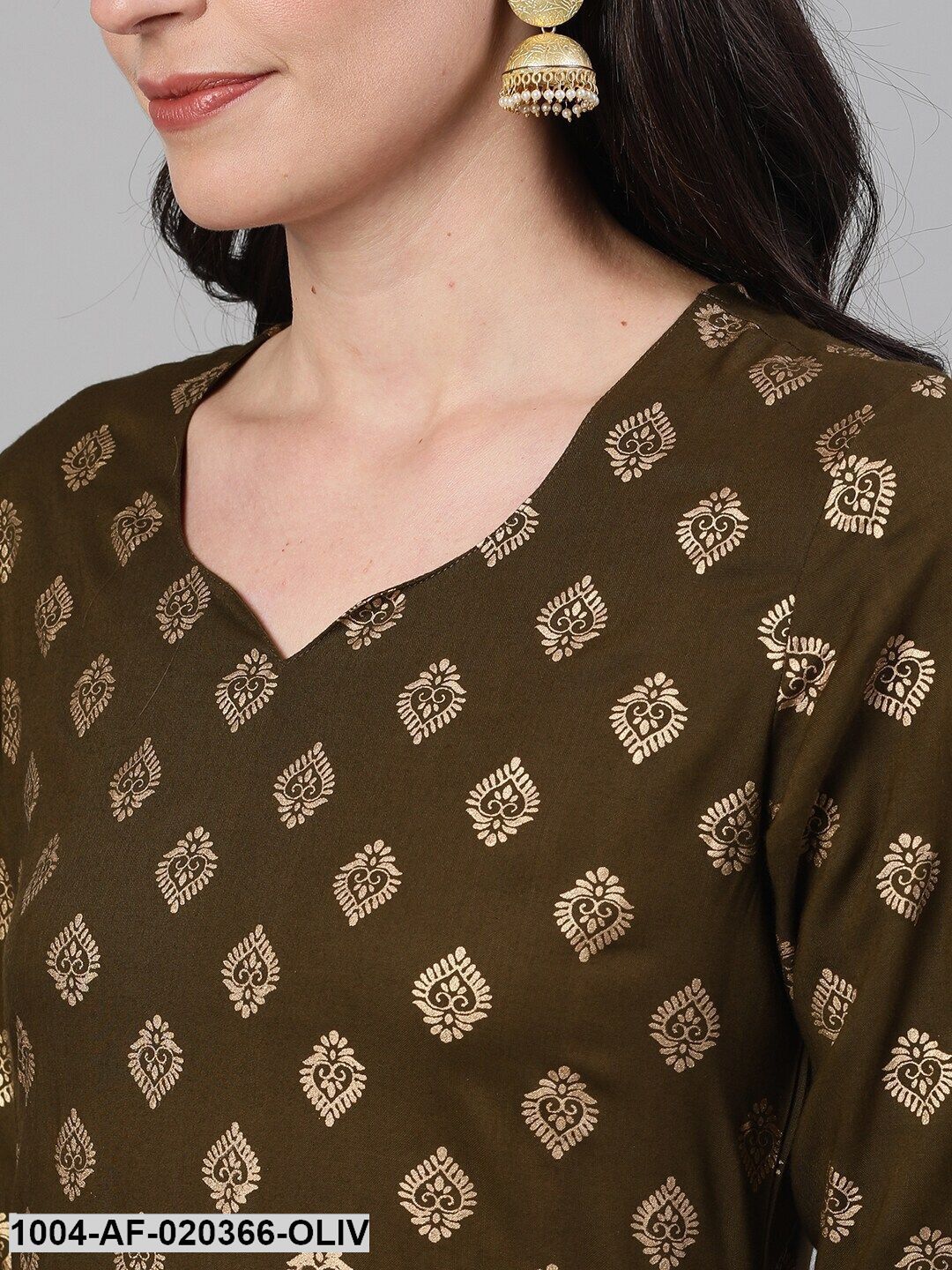 Olive Green Gold-Toned Printed Kurta with Palazzos