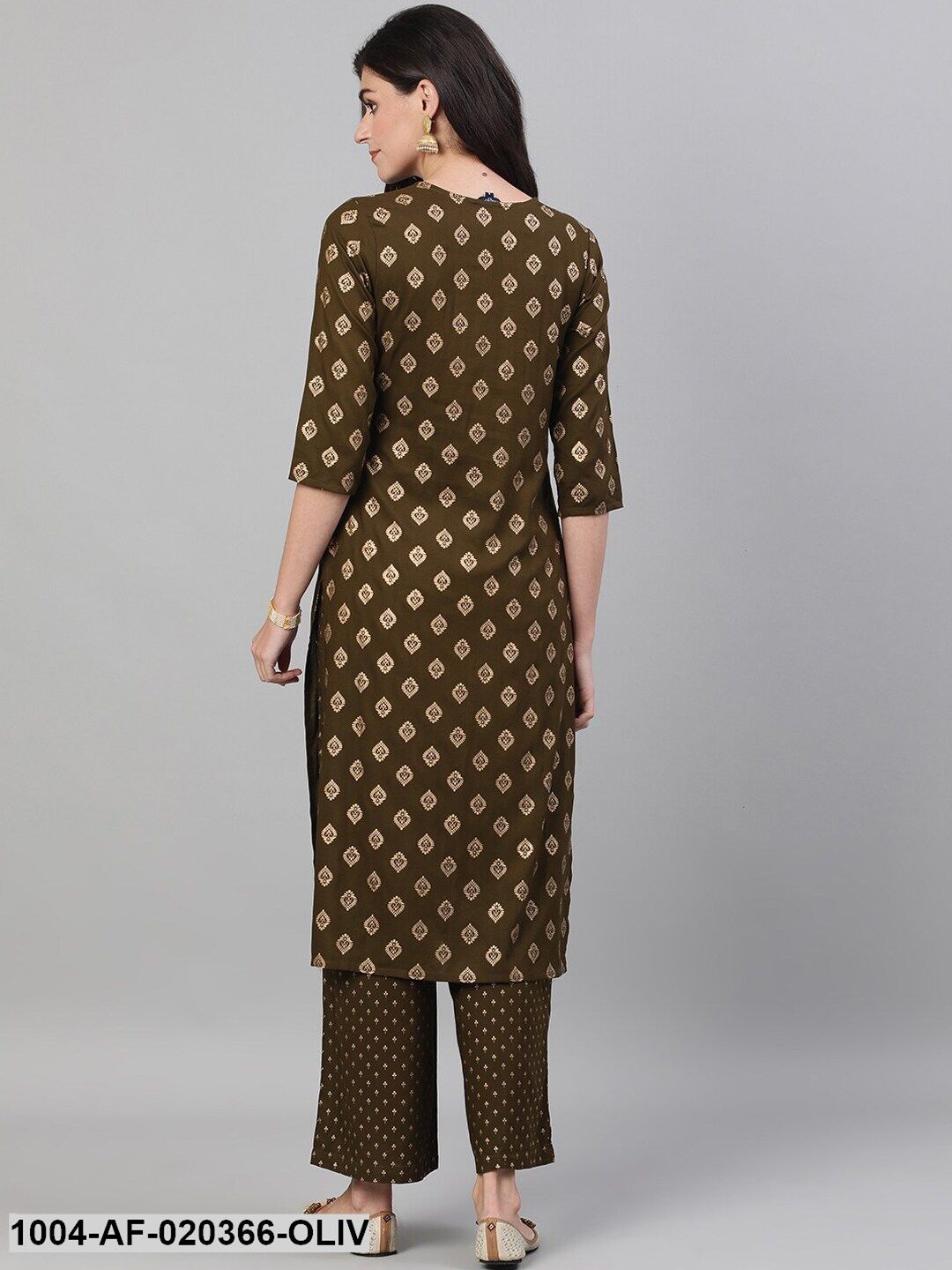 Olive Green Gold-Toned Printed Kurta with Palazzos