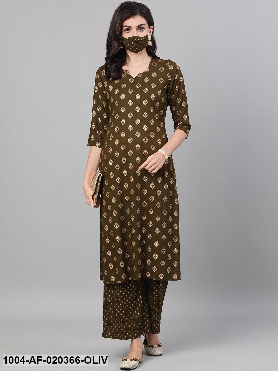 Olive Green Gold-Toned Printed Kurta with Palazzos