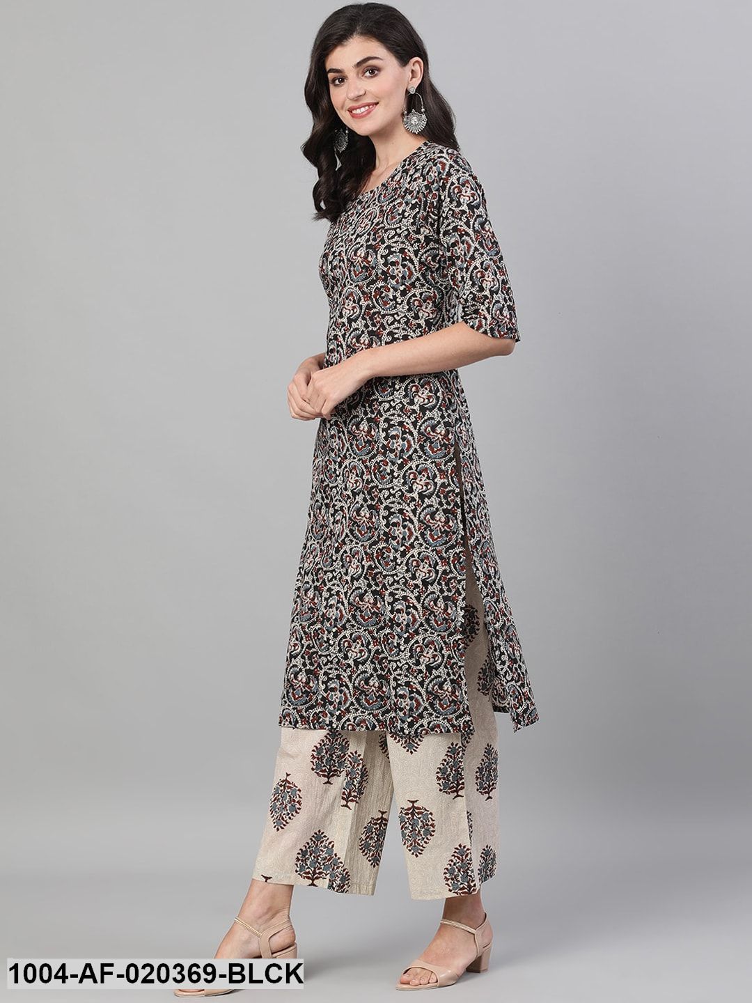 Black Beige Printed Kurta with Palazzos Dupatta