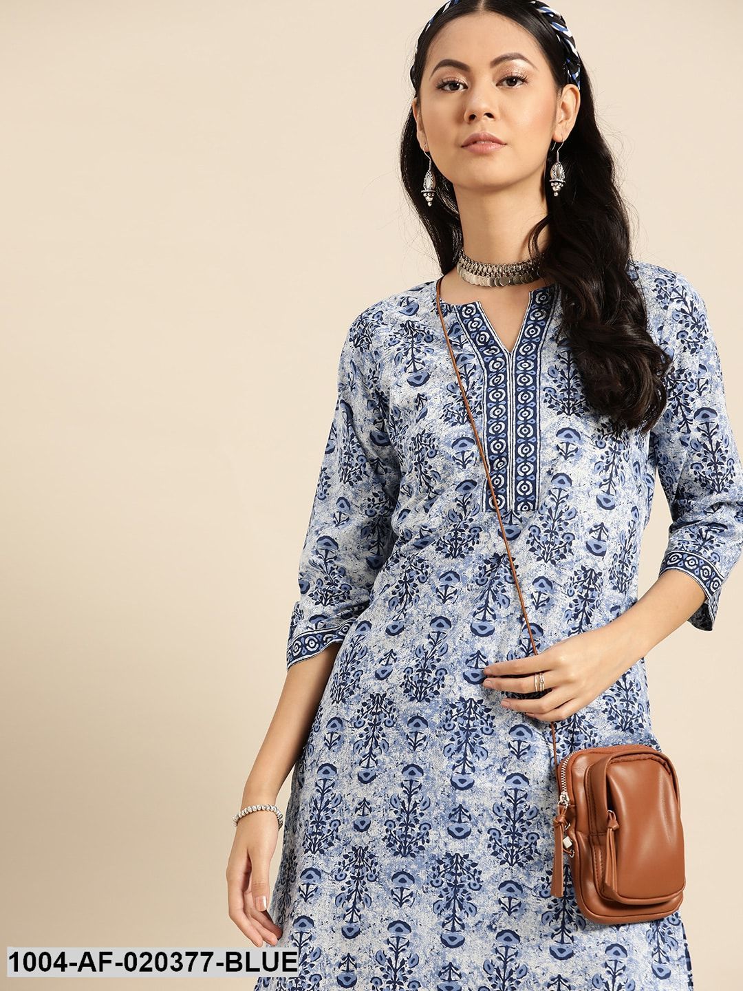Blue & White Pure Cotton Ethnic Motif Kurta with Palazzos