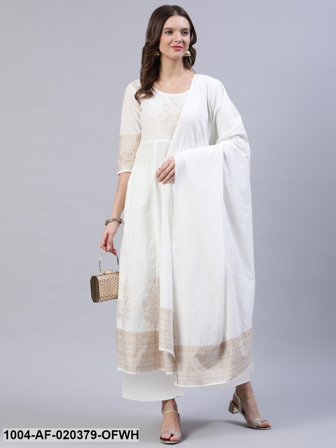 Off-White & Golden Block Printed Anarkali With Palazzo & Dupatta