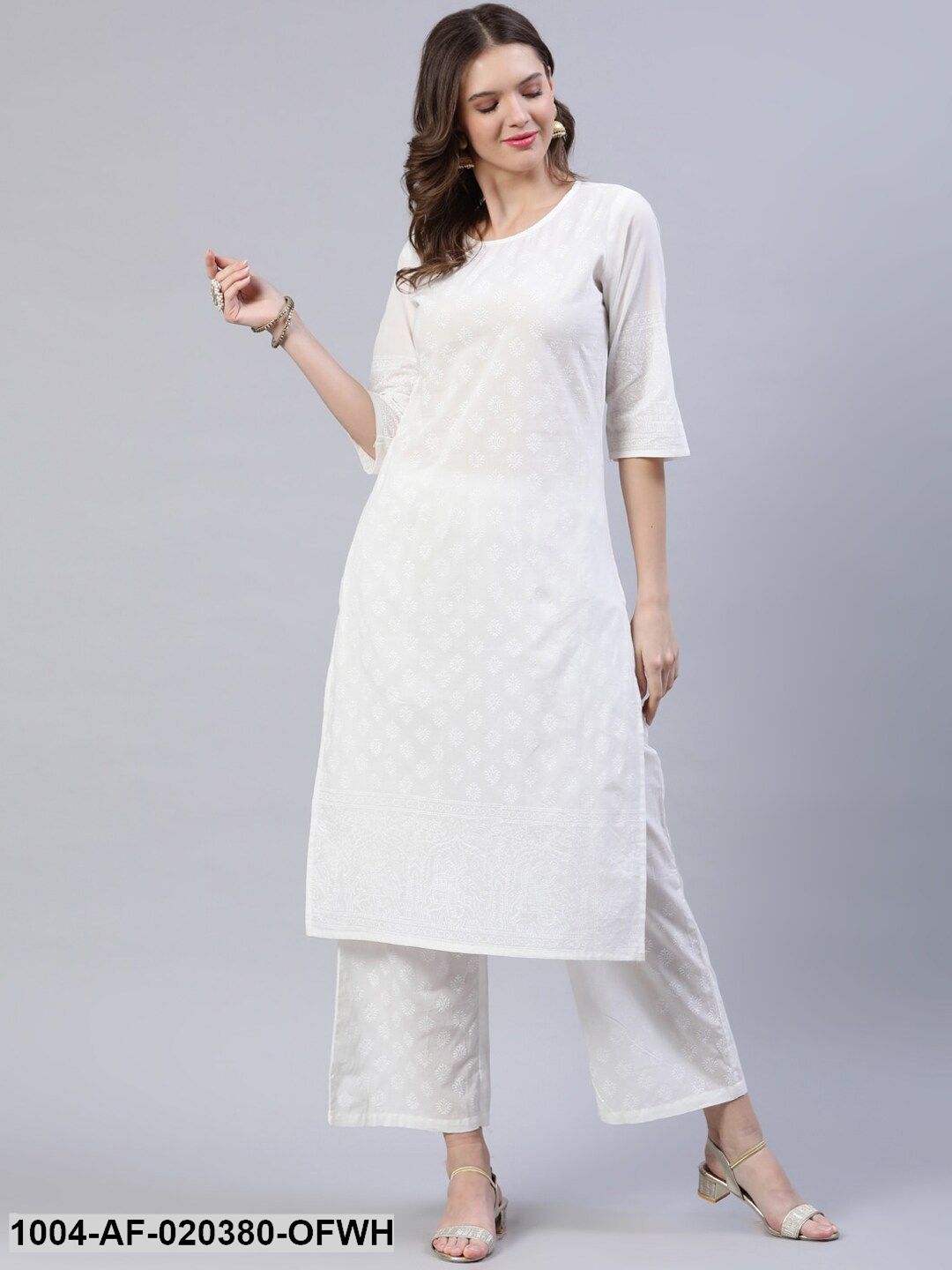 Off White Straight Block Print Pure Cotton Kurta & Palazzos