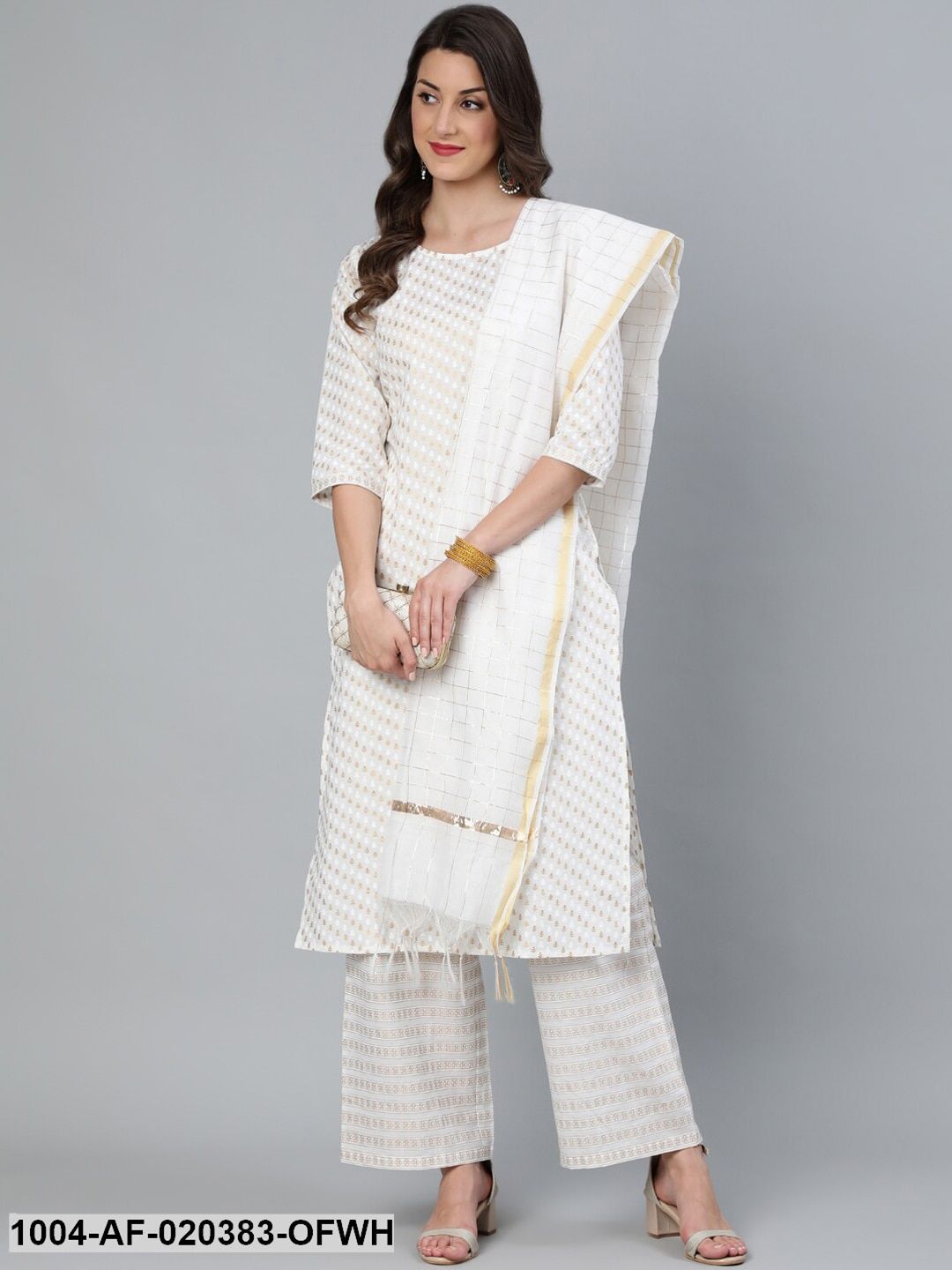 Off-White printed Straight Kurta With Plazo & Dupatta