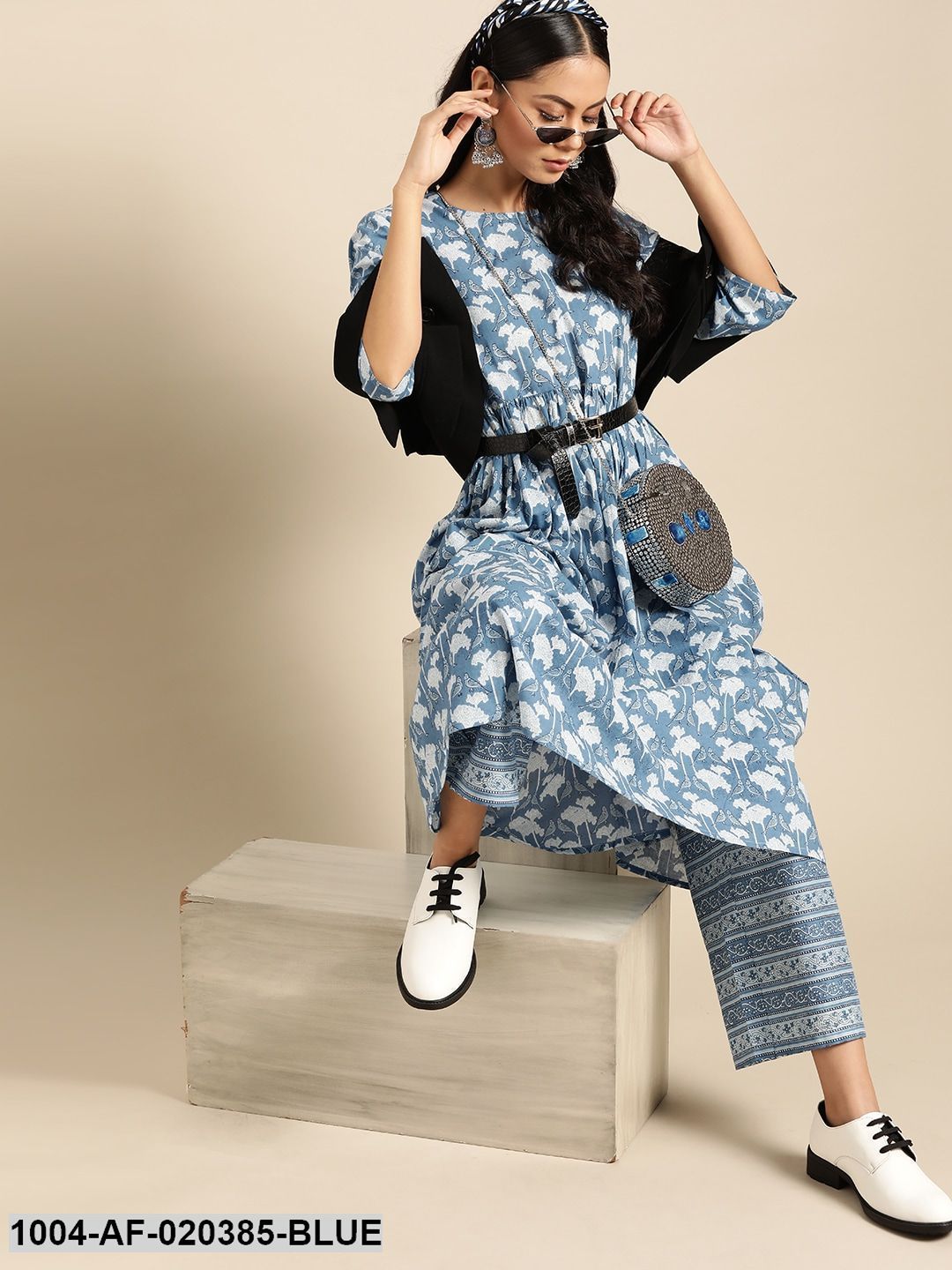 Blue & White Pure Cotton Ethnic Motif Print Kurta with Palazzos