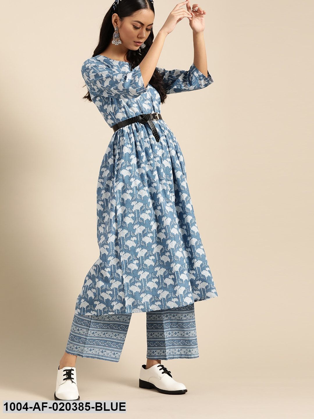 Blue & White Pure Cotton Ethnic Motif Print Kurta with Palazzos