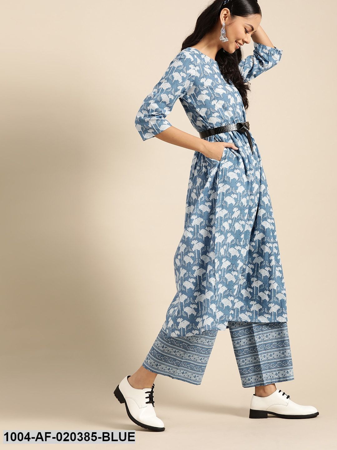 Blue & White Pure Cotton Ethnic Motif Print Kurta with Palazzos