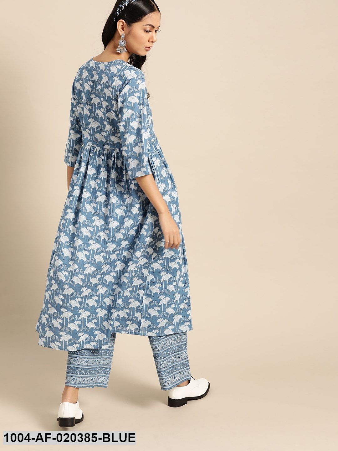 Blue & White Pure Cotton Ethnic Motif Print Kurta with Palazzos