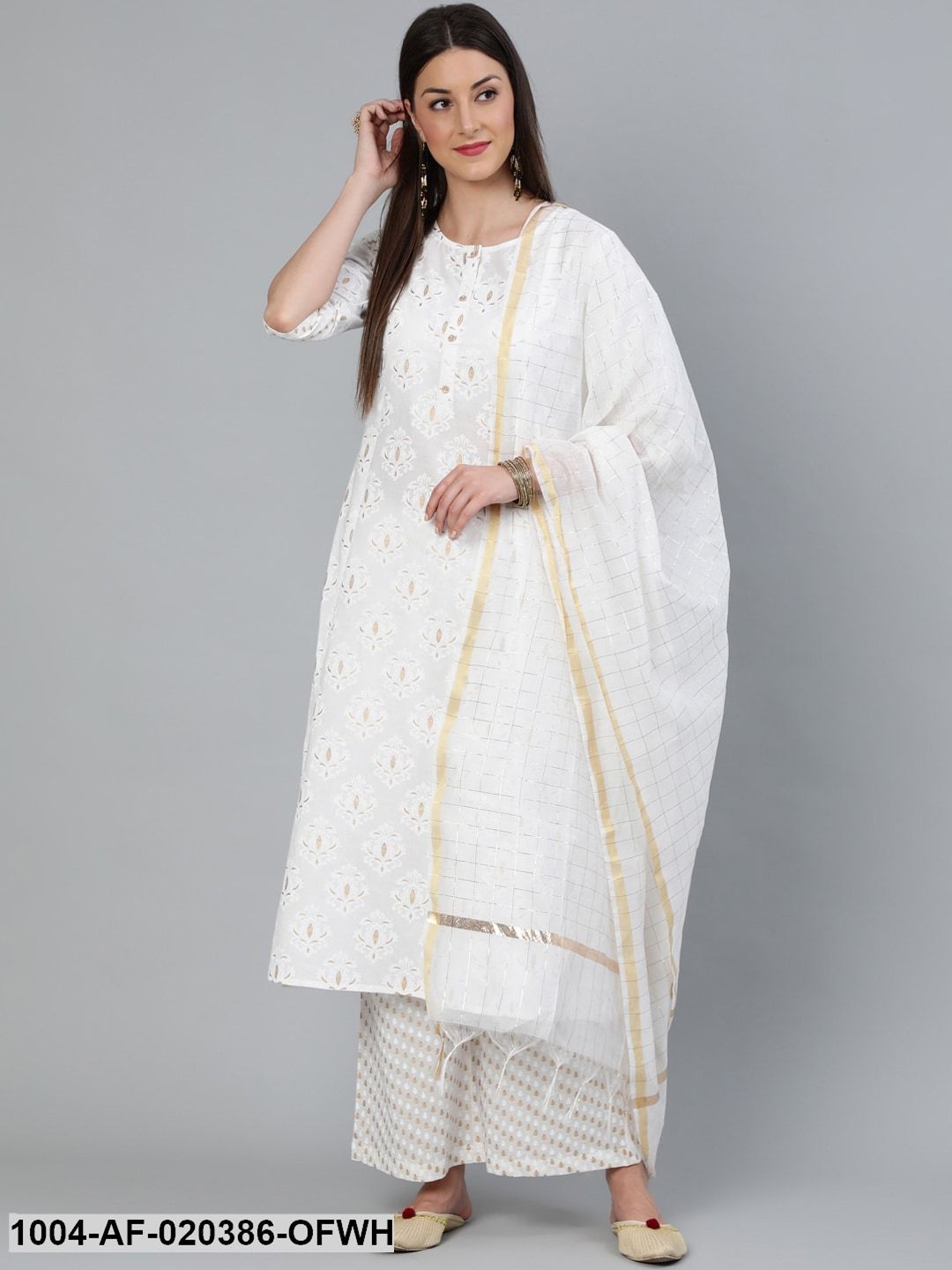 Off-White Printed A-line Kurta With Plazzo & Dupatta
