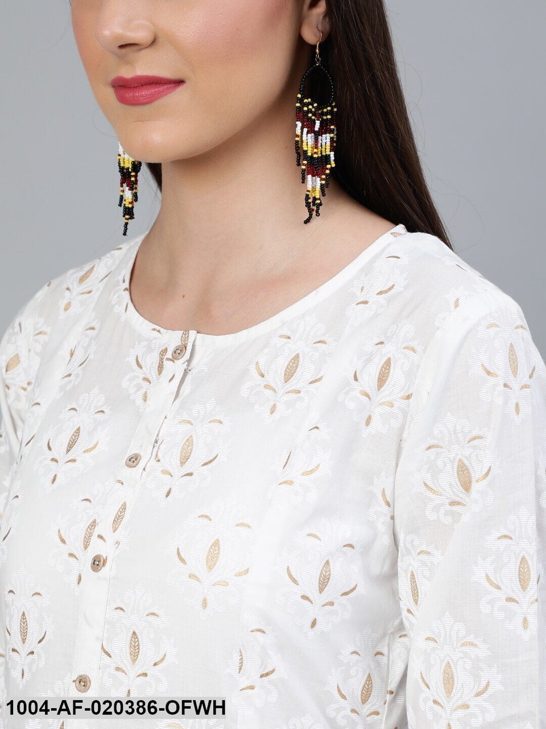 Off-White Printed A-line Kurta With Plazzo & Dupatta