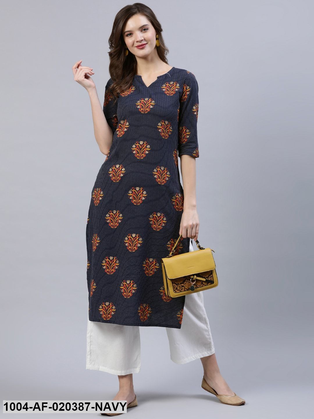Navy Blue Printed Straight Kurta With Plazzo
