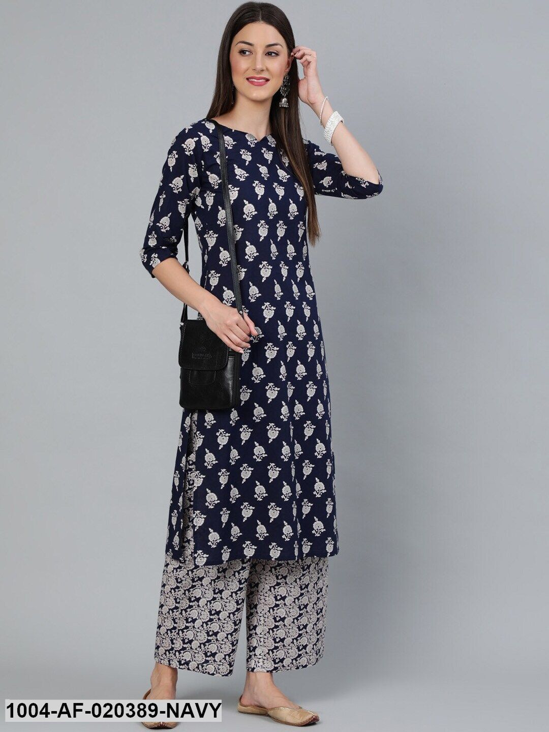 Navy Blue Printed Kurti with Palazzos & Dupatta