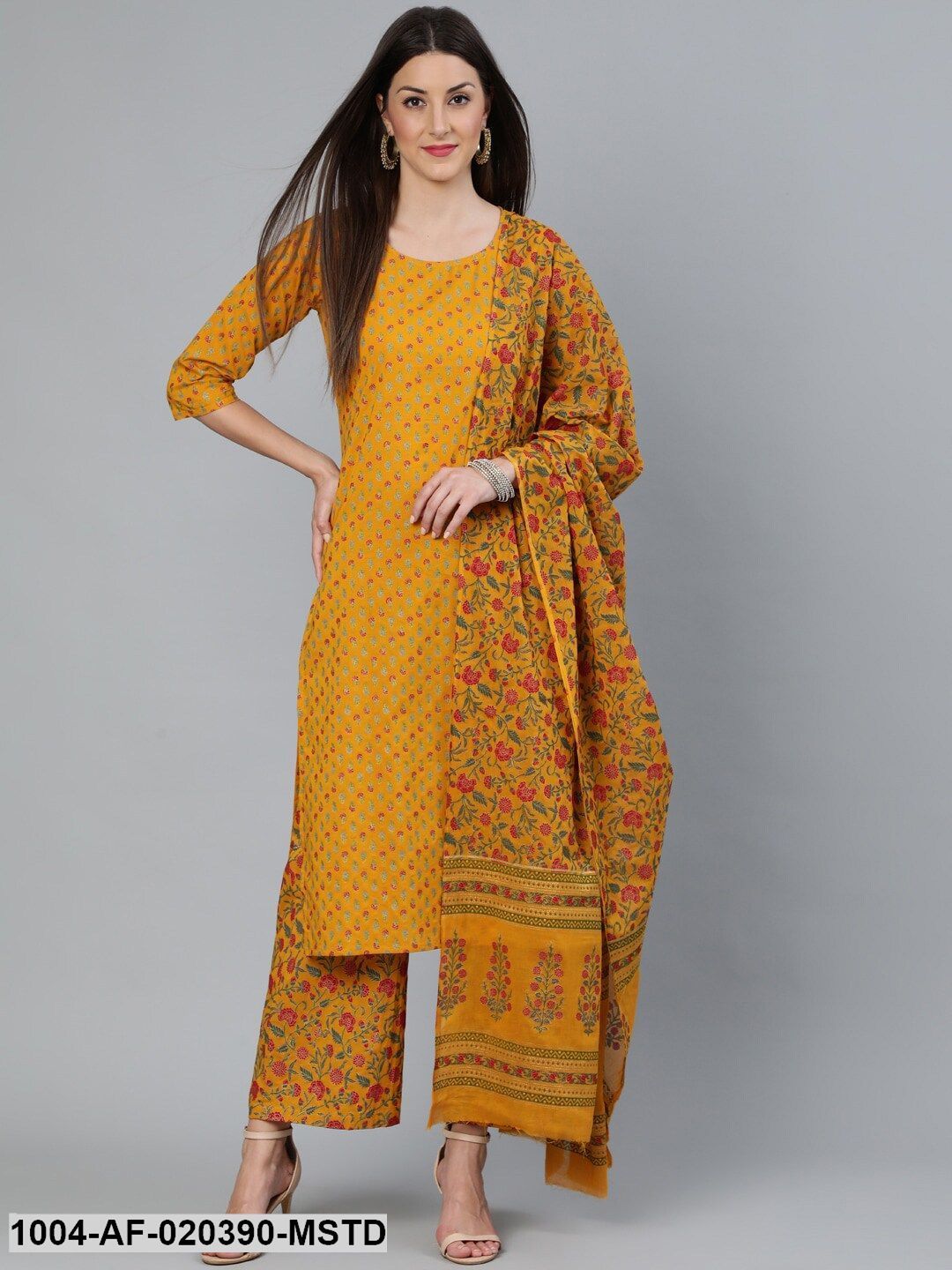 Mustard Printed Straight Kurta With Plazzo & Dupatta