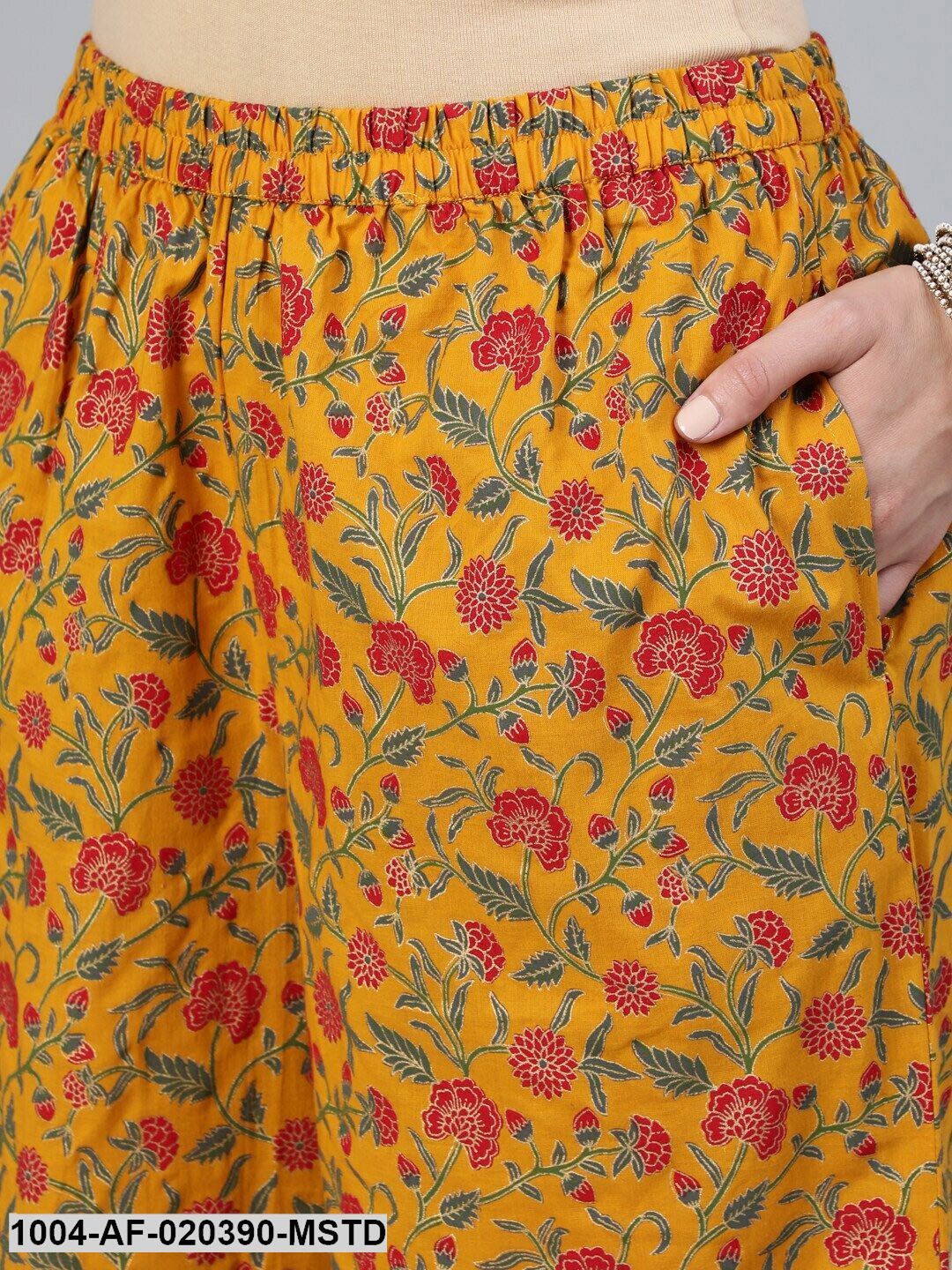 Mustard Printed Straight Kurta With Plazzo & Dupatta